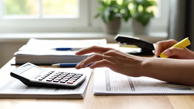 Woman accountant working on financial calculations, emphasizing important information in a report, and sorting through paperwork. Concept of financial analysis and document management