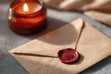 handwritten love letter sealed with red wax stamp, vintage paper texture, warm candlelight, cinematic close-up