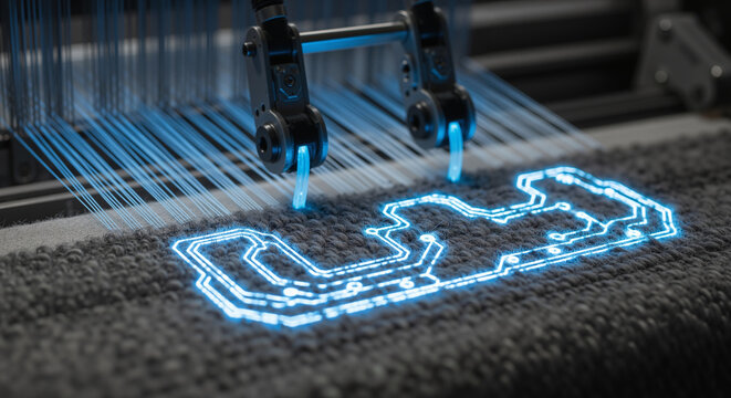 Smart textile manufacturing of glowing blue electronic circuits into fabric by industrial robot arm.