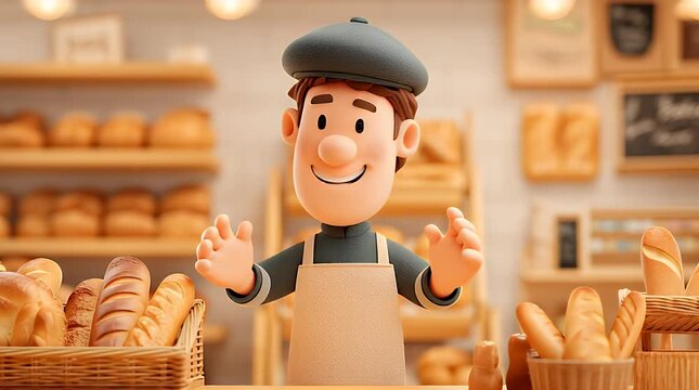A cheerful baker wearing an apron and cap stands behind a counter with various types of bread