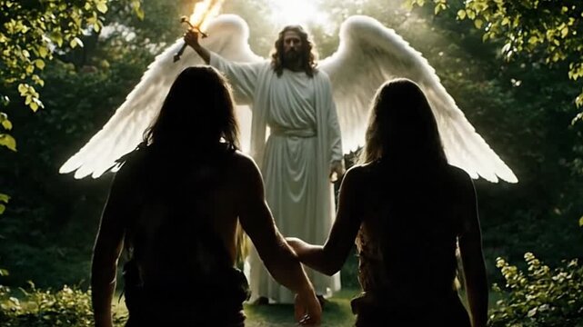 Expulsion of Adam and Eve from Eden by angel with flaming sword, dramatic biblical scene, garden background
