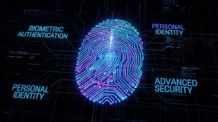 Glowing digital fingerprint icon representing biometric authentication and advanced security protocols for establishing personal identity verification in cyberspace technology