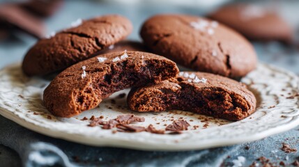 Fototapeta premium Freshly Baked Chocolate Cookies with Sea Salt on Elegant Plate Surrounded by Chocolate Shavings and Soft Textures