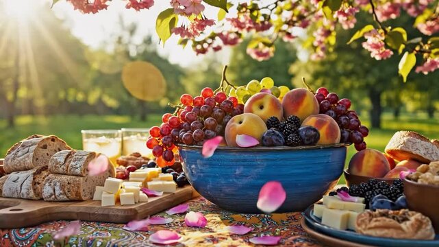 Vibrant picnic setup with fresh fruits and bread under blooming tree