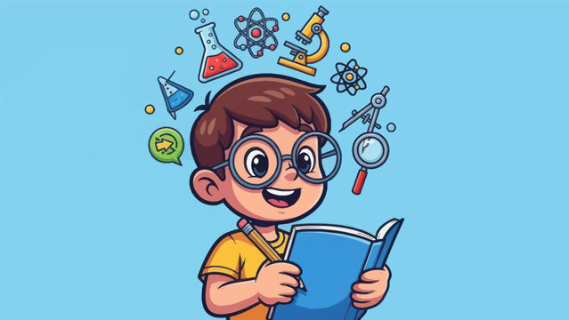 Young student reading book with science and education elements