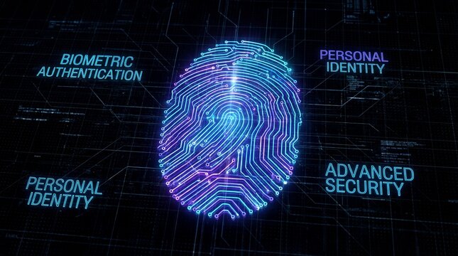 Glowing digital fingerprint icon representing biometric authentication and advanced security protocols for establishing personal identity verification in cyberspace technology