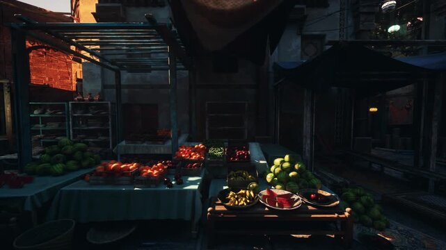 dusk market stall with fresh produce, glowing tomatoes and stacked apples on wooden table under canvas canopy warm lantern light highlights colorful baskets