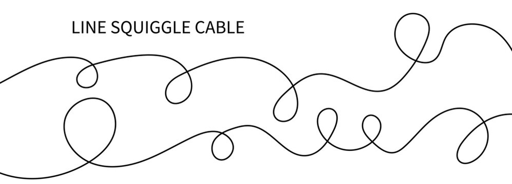 Abstract curve line wavy and curvy, with a thin drawing of a squiggle, cable, and long hand design for a squiggly and curly border. Black vector wire on a white banner background, a horizontal.
