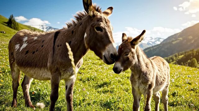 Two donkeys standing together in a picturesque mountain meadow