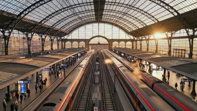 sunset train station platform commuters boarding amid vaulted glass roof and arched iron framework - red express trains streaking past tracks - motion blur capturing dynamic departures - warm