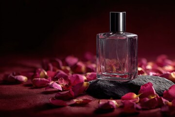 Premium perfume bottle with subtle heart embossing, rose petals, glossy black acrylic base, studio softbox lighting, cinematic highlights