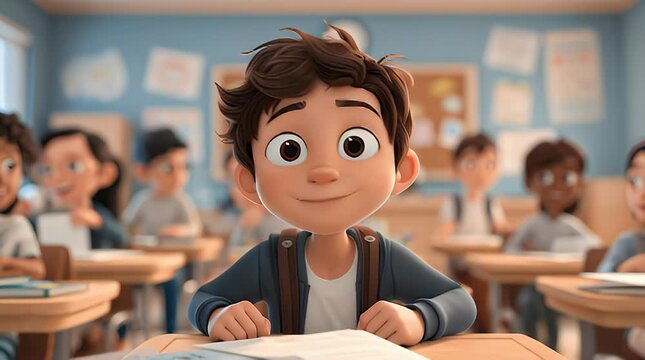 A cheerful cartoon boy sits at a desk in a classroom, smiling with classmates around