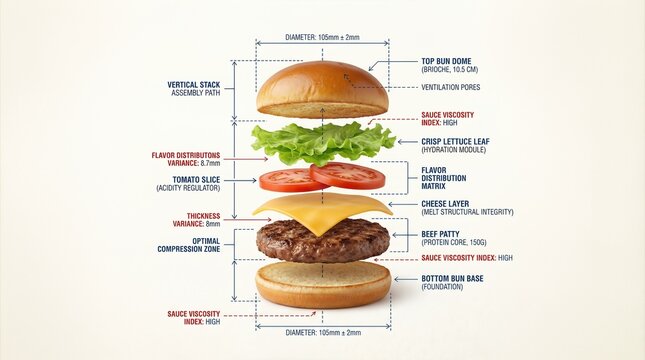 Detailed diagram illustrating the components of a hamburger with labeled sections for each ingredient and their specific characteristics, including dimensions and structural integrity