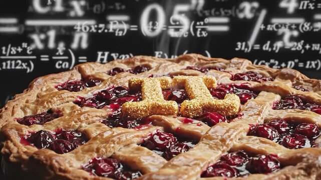 Delicious cherry pie with lattice crust and pi symbol on top