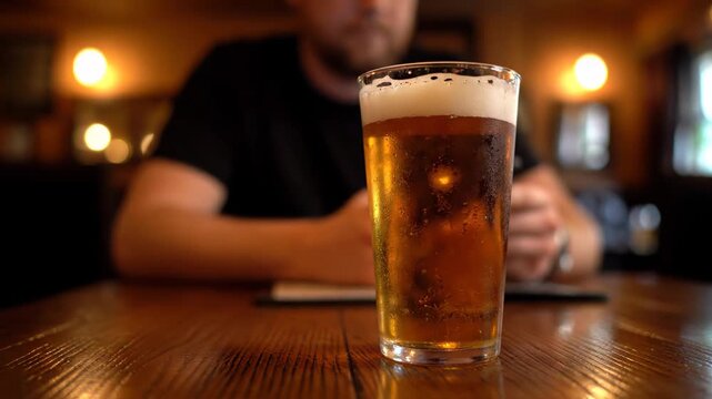 Frosty pint of draft beer, glistening with condensation, rests on a rich wooden table. In the cozy glow of the pub, a man lounges in the background, basking in the warm ambiance