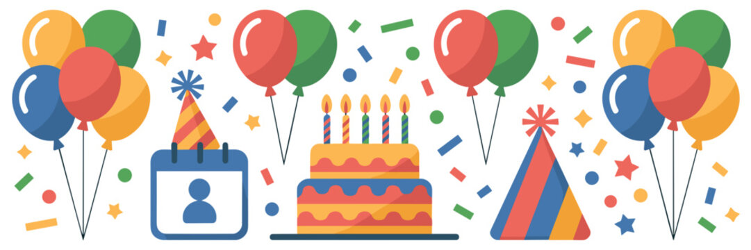 Festive office birthday party elements in flat design &ndash; Suitable for greeting cards, internal communications, or birthday posters.