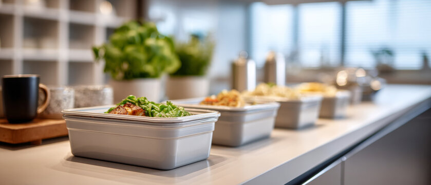Close-up of meal prep containers with healthy food lined up on kitchen counter in modern home setting