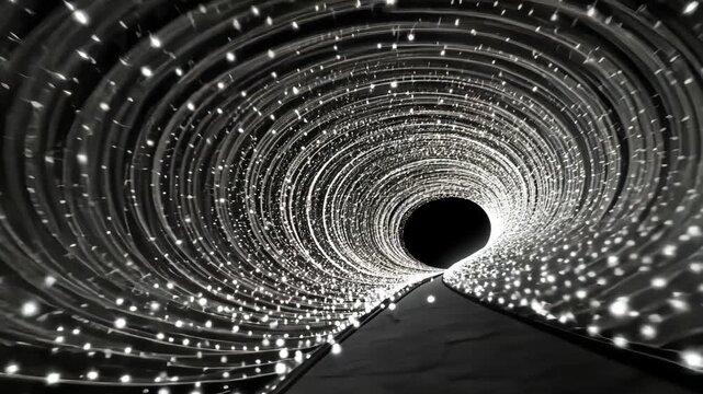 Futuristic Spiral Tunnel: Illuminated Neon Light Trails in Black and White Architecture Design