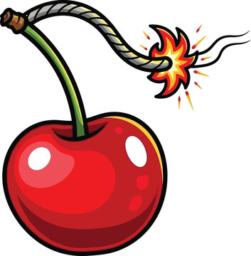 Cartoon cherry bomb with burning fuse and spark effects isolated on transparent background vector illustration sticker
