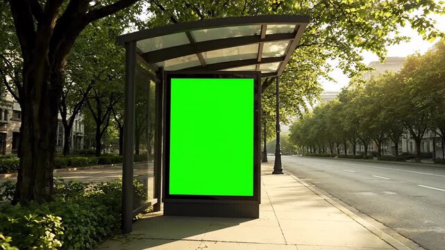 Desolate city street featuring a bus stop shelter and an empty advertising billboard. The sun filters through lush green trees that frame the urban thoroughfare