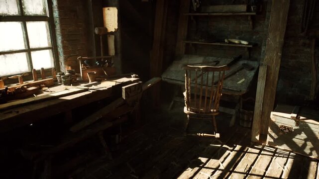 moody attic writer desk bathed sunlight, typewriter and inkpot on worn wood, quill and parchment strewn across bench, candlelight casting warm glow, dust motes
