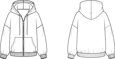 Technical flat illustration of zip up hoodie front and back with kangaroo pockets, drawstring hood, ribbed cuffs and hem, vector apparel template © Hello World