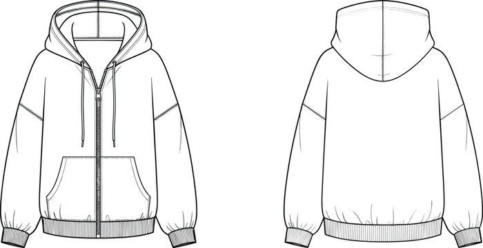 Technical flat illustration of zip up hoodie front and back with kangaroo pockets, drawstring hood, ribbed cuffs and hem, vector apparel template