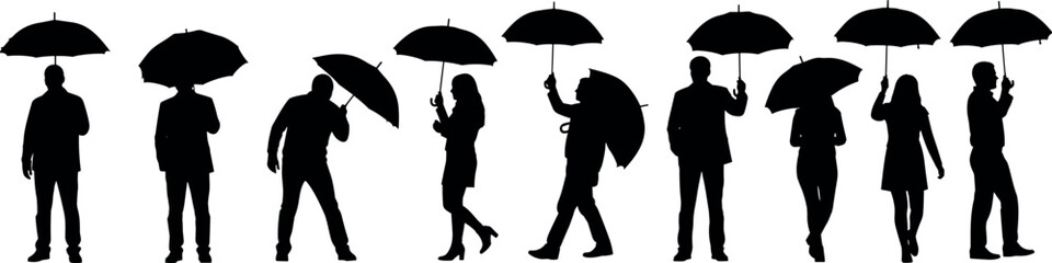 People holding umbrellas silhouettes set, male and female walking in rain vector, weather protection icons, autumn rainy day,