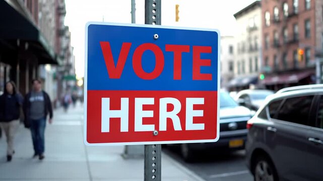 Patriotic Vote Here sign in red, white, and blue displayed on a metal post in an urban setting, with a bustling street backdrop of blurred pedestrians and cars