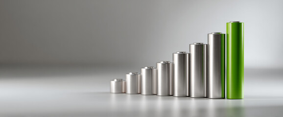 Obraz premium Row of cylindrical batteries arranged in ascending order with the largest green battery at the end on a reflective surface