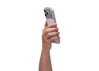 Rear view of hand holding smartphone mockup isolated on transparent background. Back side of mobile phone mockup for copy space.