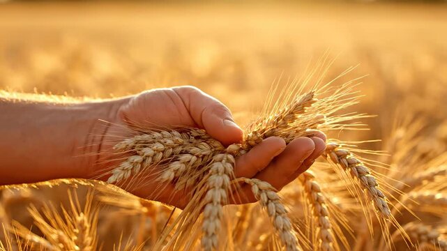 Close up of a man's hand inspecting a bundle of mature wheat stalks in a sunlit field, assessing the crop quality. A farmer examining the harvest