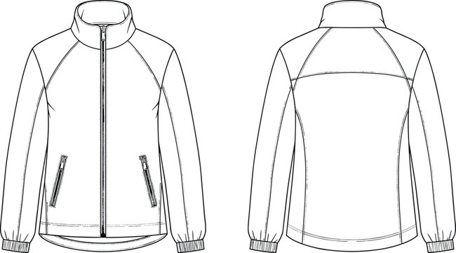 Technical jacket CAD flat sketch front and back view, raglan sleeve activewear apparel design template with zipper pockets for outdoor sportswear