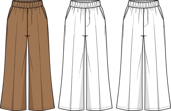 Women wide leg trousers technical flat sketch, brown and white pants vector template, fashion design tech pack illustration,