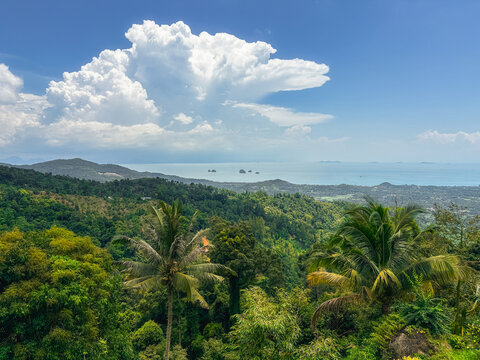 Idyllic landscape view of tropical jungle and ocean with distant islands, Koh Samui