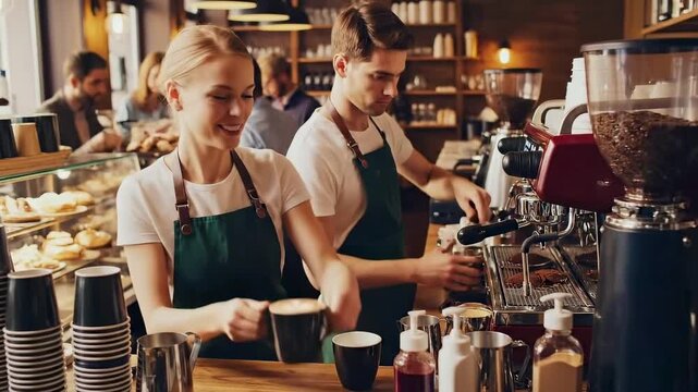 Lively coffee shop filled with enthusiastic staff and satisfied guests, Vivid coffeehouse environment where spirited baristas efficiently prepare drinks for smiling patrons