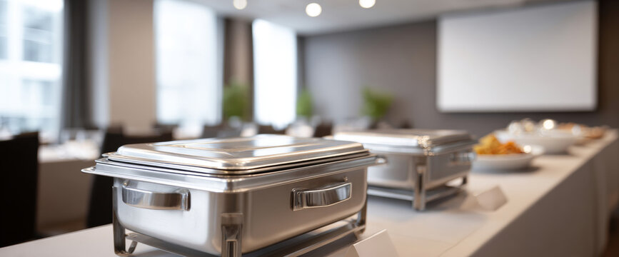 Stainless steel chafing dishes arranged on a white tablecloth in a modern conference room setting for catered event or buffet service