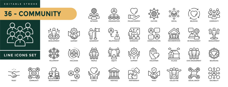 A collection of Community icons set with editable stroke, including network, organization, philantrophy, culture, social, beloging, equity, support, sociability, trust. Thin linear vector illustration