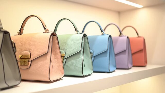 Assortment of sophisticated women's leather handbags in a range of soft pastel shades. High end fashion accessories showcased in a well lit store