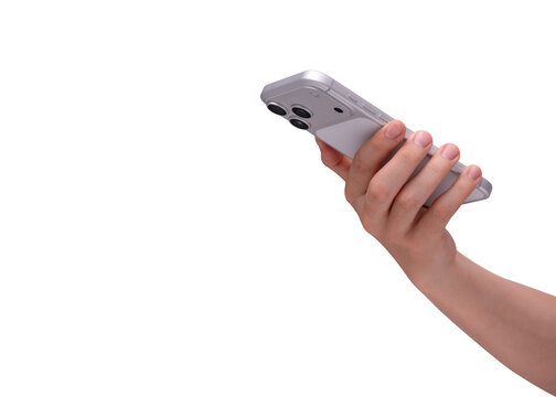 Rear view of hand holding smartphone mockup isolated on transparent background. Back side of mobile phone mockup for copy space.