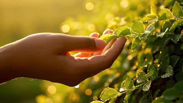 Close up of a human hand gently touching fresh green leaves with dew drops. Beautiful morning sunlight creates a warm and peaceful atmosphere