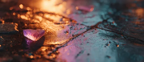 Heart-shaped stained glass shard on wet stone floor, rain reflections, cinematic noir lighting © bramthestocker