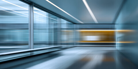 Obraz premium Abstract modern interior corridor with glass walls and dynamic motion blur effect creating futuristic architectural perspective