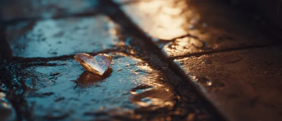 Heart-shaped stained glass shard on wet stone floor, rain reflections, cinematic noir lighting © bramthestocker