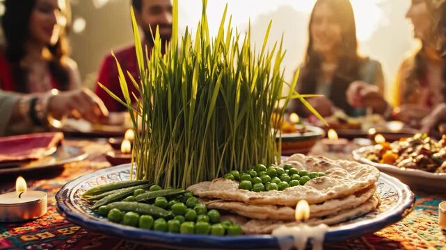 Traditional haftseen table setting for nowruz celebration with candles and food
