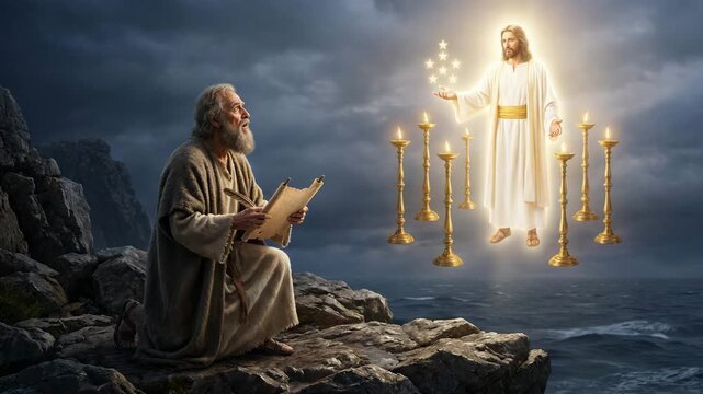 Apostle John visionary revelation with glorified Jesus and seven golden lampstands, spiritual biblical prophecy, rocky island background video concept
