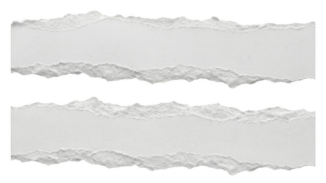 Two horizontal white torn paper strips with rough edges isolated on a dark void