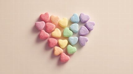Cartoon-style candy hearts arranged into a rainbow heart, minimal background, super clean graphic look