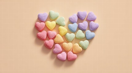 Cartoon-style candy hearts arranged into a rainbow heart, minimal background, super clean graphic look