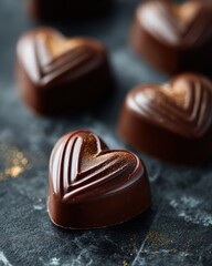 Luxury heart-shaped chocolate bonbons on black marble, dramatic studio lighting